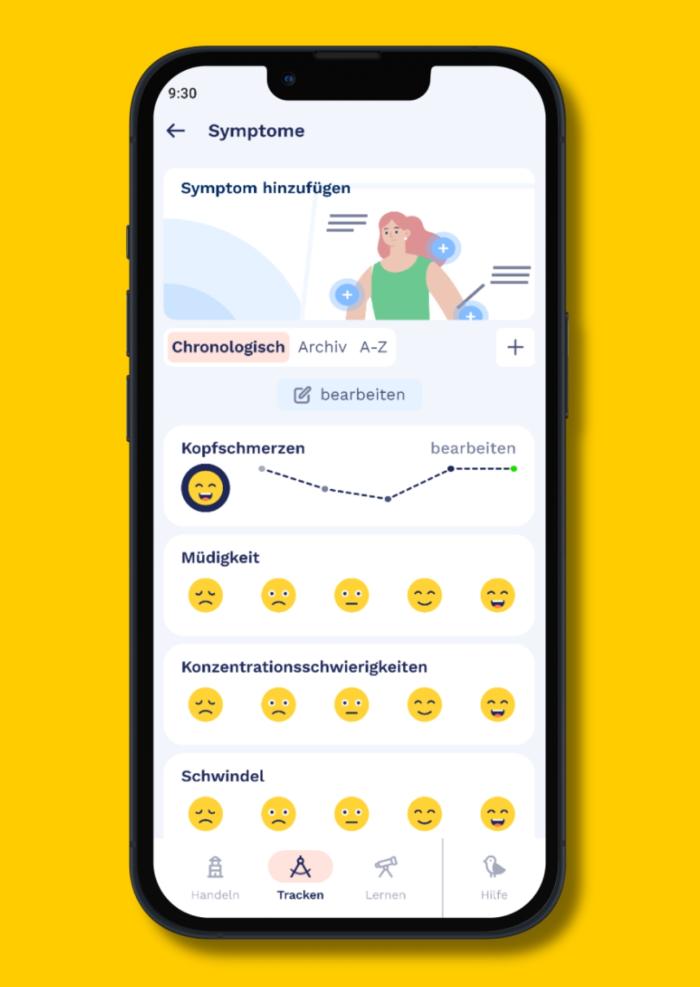 Screen der Fimo Health App mit Auswahl Symptome