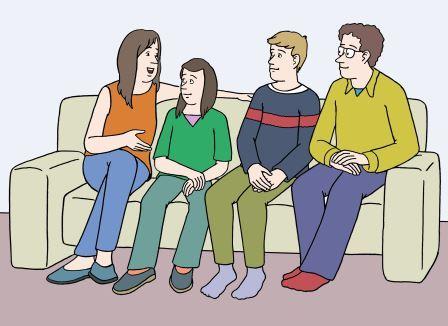 Illustration einer Familie die auf dem Sofa sitzt